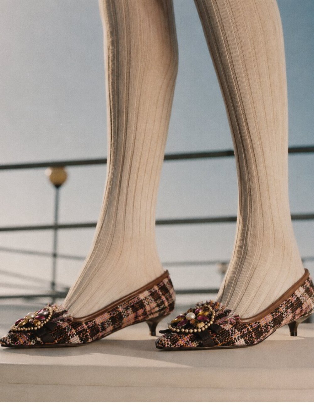 Vintage Miu Miu Tweed Jeweled Pearl Kitten Heels